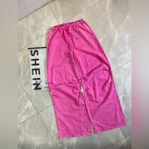 (B4) Shein Pink Wash Baggy Drawstring Wide Leg Denim Street Jeans L 8 10